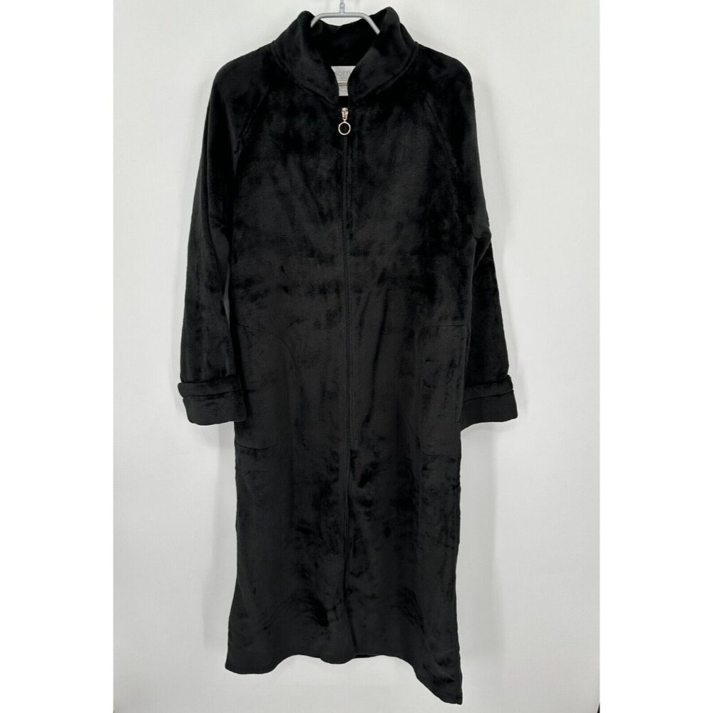 Softies 48" Plush Velour Mandarin Collar Zip-Up Robe sz S Women's Black Midi NEW